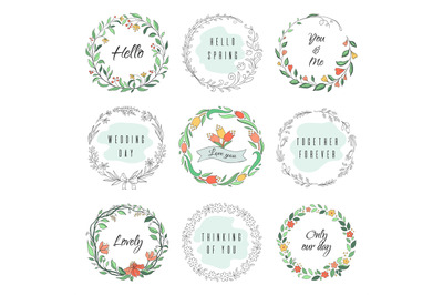 Floral circle doodle frames. Circular laurel wreath&2C; flourish monogram