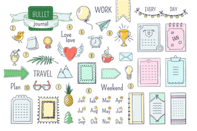 Journal hand drawn elements. Doodle bullets, color notebook schedule c