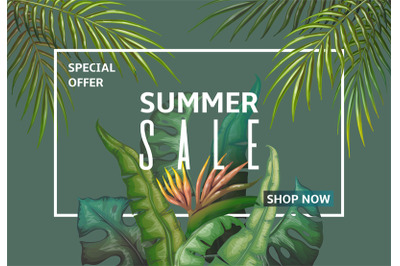 Summer sale banner. Palm leaves discount frame&2C; jungle plants invitati