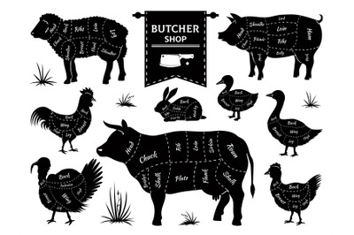 Butcher diagrams. Animal meat cuts&2C; cow pig rabbit lamb rooster domest