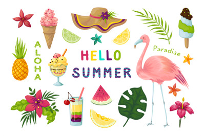 Exotic stickers. Cute summer tropical elements&2C; flamingo fruits cockta