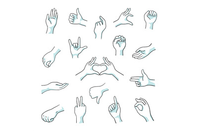 Doodle hand gestures. Finger fist and arm sketch line signs, numbers t