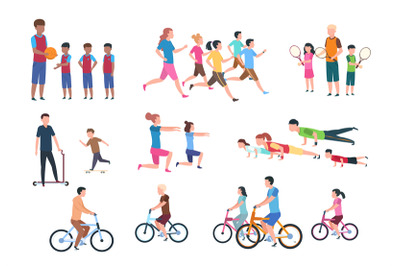 Physical activity. People flat fitness set with parents and children i