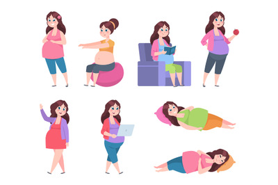 Flat pregnant woman. Healthy exercises for moms, pregnancy diet, happy