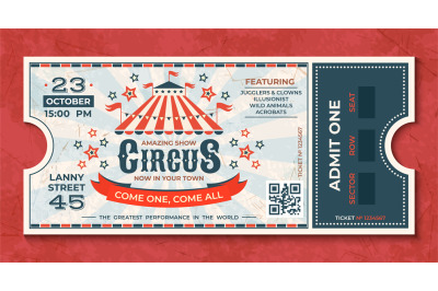 Circus tickets. Vintage carnival event banner&2C; retro luxury coupon wit