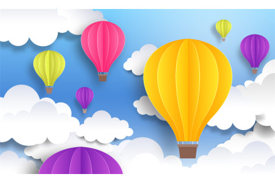 Paper cut balloons. Sky pastel background, cute origami cartoon graphi