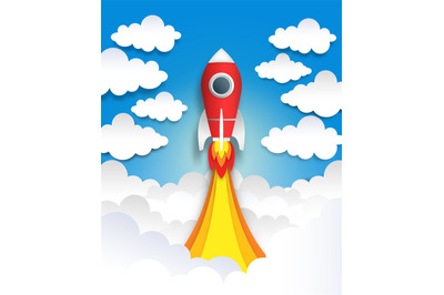 Paper cut rocket. Origami space art&2C; flat cartoon pastel art with clou