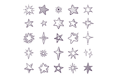 Doodle stars. Cute pen sketch space elements, simple geometric set, ha