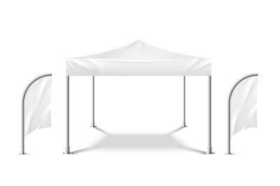 White tent with flags. Promo marquee mockup beach event outdoor materi