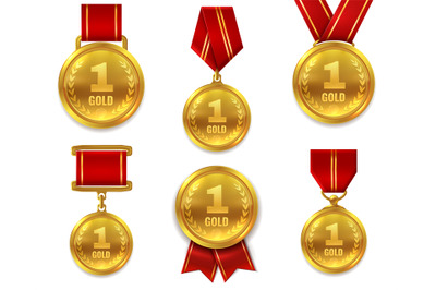 Champion gold medals. Award winner trophy golden medal sport reward co