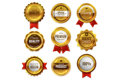 Gold badges seal quality labels. Sale medal badge premium stamp golden