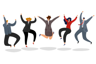 Business people jumping. Excited happy employees jump cartoon motivate