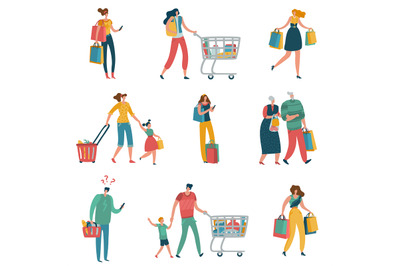 Shopping people. Persons shop family basket cart consume retail purcha