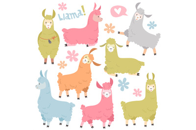 Cute llama set. Baby llamas alpaca&2C; wild lama. Peru camel girl invitat