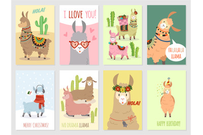 Llama cards. Baby llamas cute alpaca and cacti wild lama. Peru camel&2C;