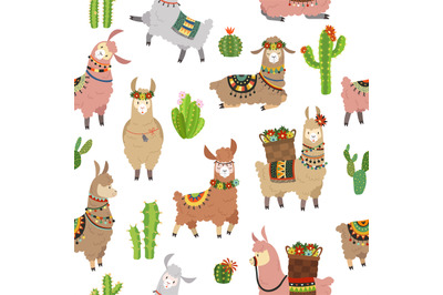 Llama seamless pattern. Baby llamas cute alpaca and cacti wild lama. P