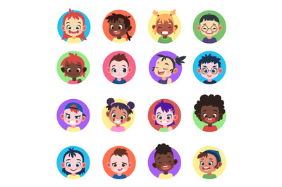 Kids avatar. Faces ethnic cute boys girls avatars head child profile p