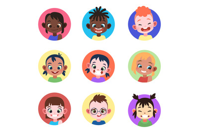 Children avatar. Faces childhood cute kids boys girls avatars head chi