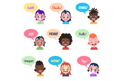 Kids avatars. International people with speech bubbles different chat