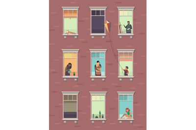 Windows with people. Opened window neighbors people communicate apartm