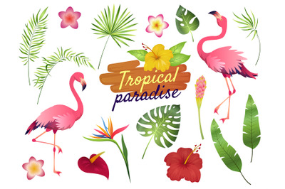 Tropical flamingos. Pink flamingo jungle flowers palm leaves&2C; nature&2C;