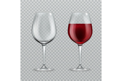 Realistic wineglass. Empty and with red wine wineglasses isolated glas