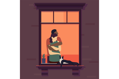 Couple in window. Romantic woman and man neck at home in the evening,