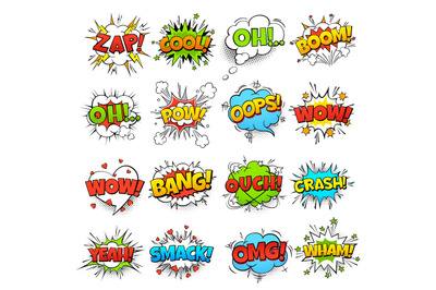 Comic words. cartoon boom crash speech bubble funny elements and kids