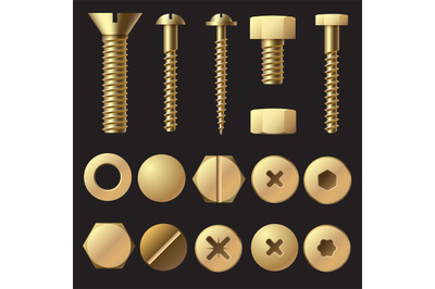 Golden bolts and screws. Washer nut hardware rivet screw and bolt. Gol