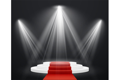 Stairs 3d with red carpet. Spotlight scene staircase podium for celebr