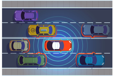 Self driving car. Automotive cars futuristic technology remote top vie