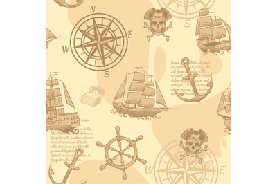 Vintage nautical seamless pattern. Hand drawing marine old sketch adve