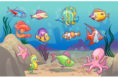 Underwater scene. Cute sea tropical fishes ocean underwater animals. U