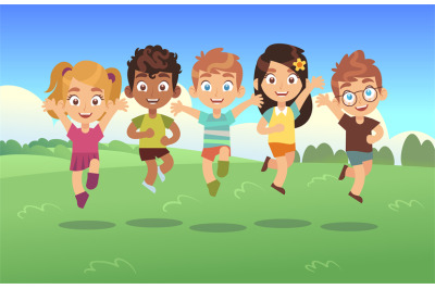 Happy jumping kids. Children holiday cartoon panorama childrens summer