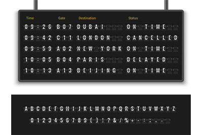 Airport board. Font alphabet info panel arrival departure display time