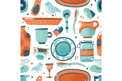 Crockery seamless pattern. Home watercolor kitchen and cooking tablewa