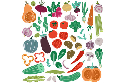 Color vegetables hand drawn. Carrot onion cucumber tomato potato eggpl