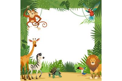 Jungle animals card. Frame animal tropical leaves greeting baby banner