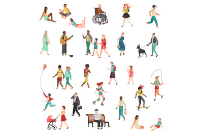 Walking flat people. Character person standing talking running woman m