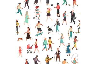 People walking seamless pattern. Women men children group person walk