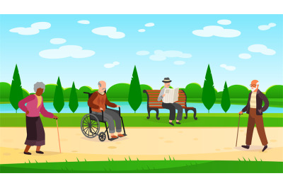 Old people walking park. Outdoors character grandpa grandma walk bench