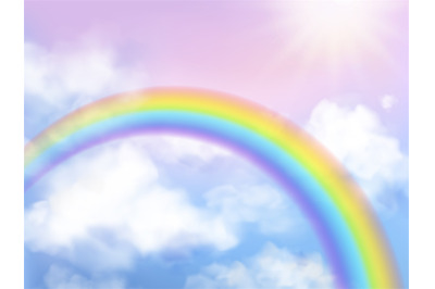 Rainbow sky. Fantasy heaven landscape rainbow in white clouds iridesce