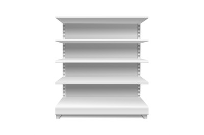 White supermarket shelves. Retail rack shop shelving blank shelves emp