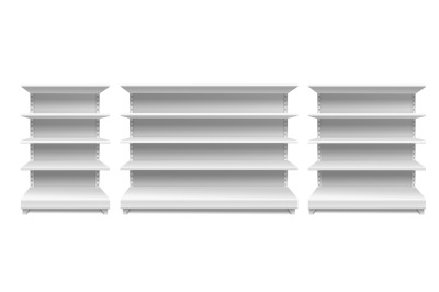 Store shelves. White supermarket retail rack display shop shelving bla