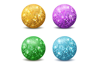 Color disco balls. Realistic reflection ball mirrored disco party silv