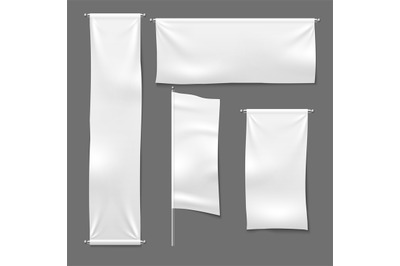 Flag and hanging banners. White advertising blank textile banner fabri