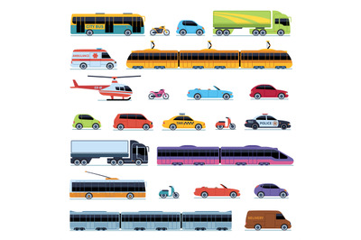 Car collection. Vehicles city transportation. Cars helicopter tram bus