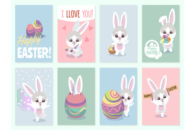 Easter rabbit cards. Baby rabbits cute and color eggs party invitation