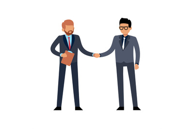 Businessmen handshake flat. Two young standing people meeting on confe