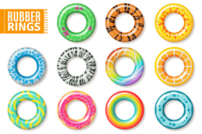 Rubber rings. Swimming inflatable kids toys, float colorful lifesaver